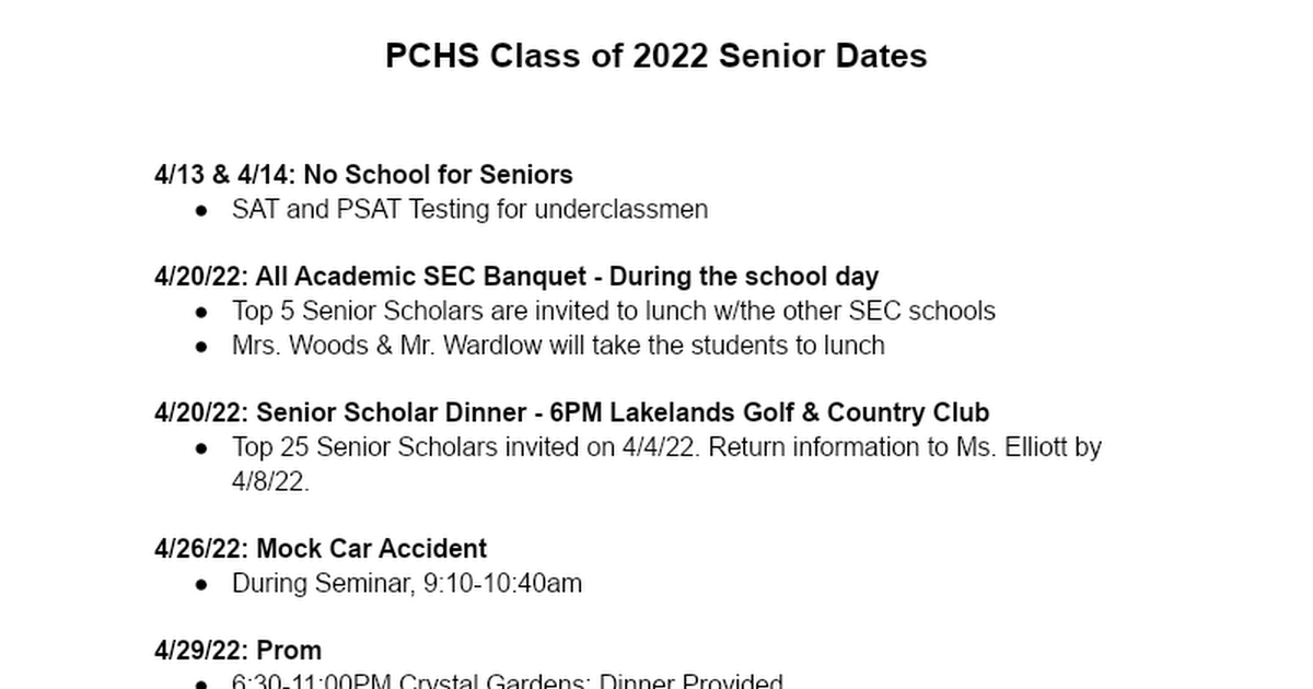 21-22 PCHS Senior Dates