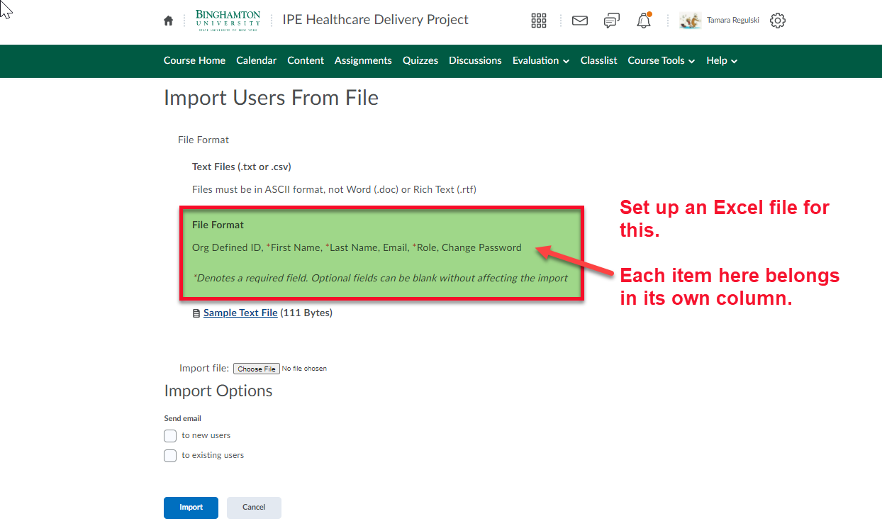 This image displays the Import Users from File screen. It shows the File Format needed to create the user file. 