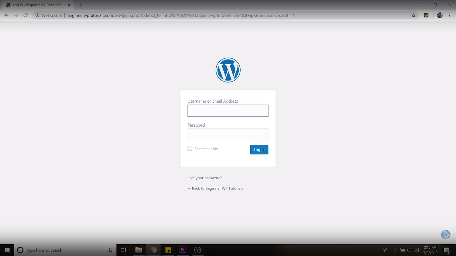 WordPress dashboard login page