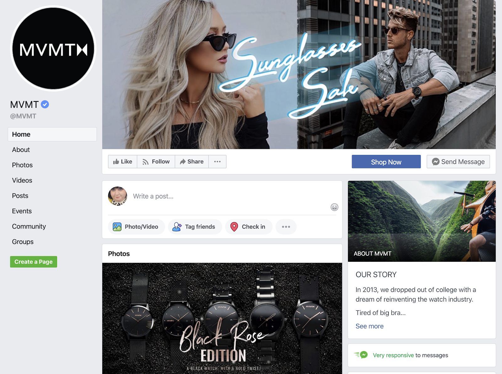 Sur la page social commerce Facebook de MVMT Watches, avec le bouton « shop now » est bien visible 