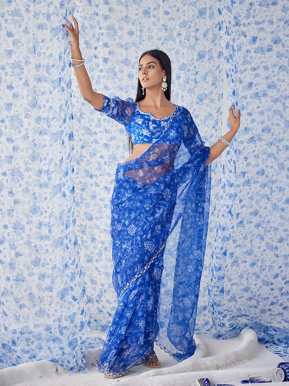 the loom-Blue Printed Organza Saree