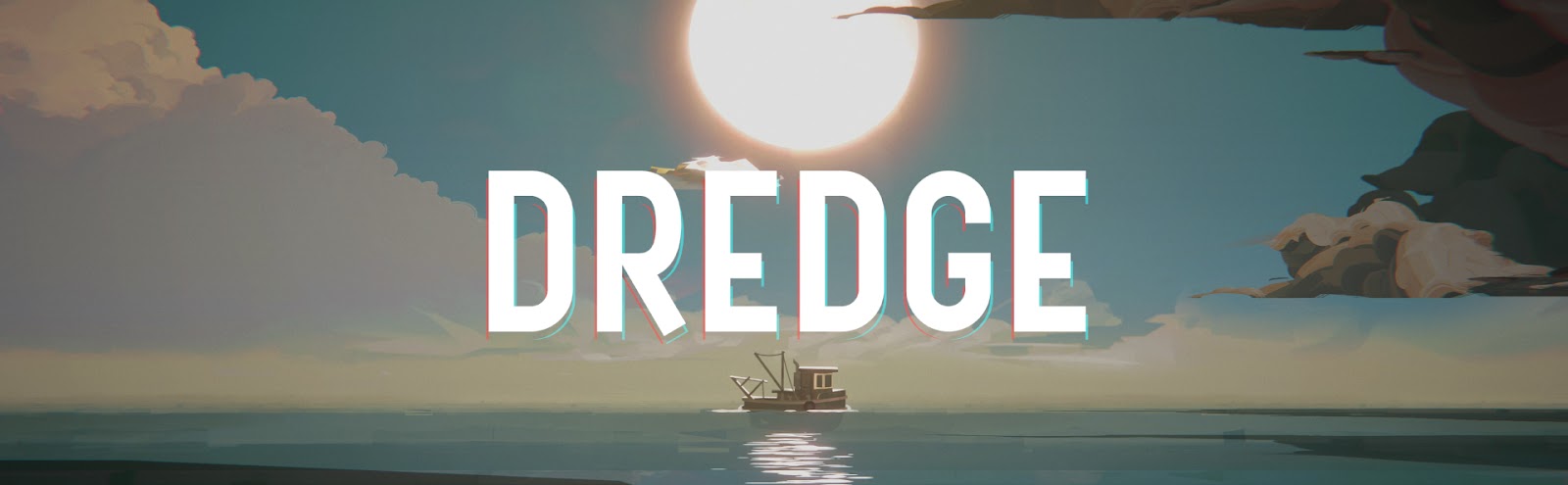 Image shows a small fishing boat on still ocean. The sun is low in the sky and directly in the centre of the image. To the left, white clouds and darker, grey clouds are to the right. In the centre of the image the word "Dredge" is shown in a sans serif font.