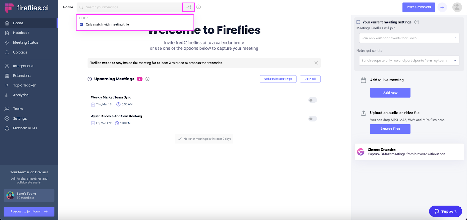 How to view your Google Meet history - Fireflies global search settings