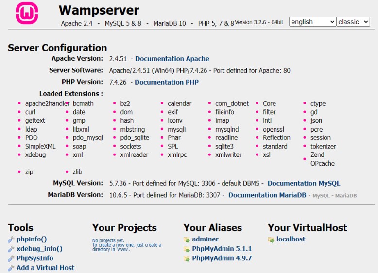 Página de configurações do WampServer