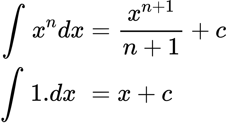 {"id":"7-1-0","font":{"color":"#000000","size":10,"family":"Arial"},"type":"align*","code":"\\begin{align*}\n{\\int_{}^{}x^{n}dx}&={\\frac{x^{n+1}}{n+1}+c}\\\\\n{\\int_{}^{}1.dx\\,\\,}&={x+c}\t\n\\end{align*}","ts":1599900032649,"cs":"8BaRrf5UbvlUwuZWZgUp6Q==","size":{"width":144,"height":78}}