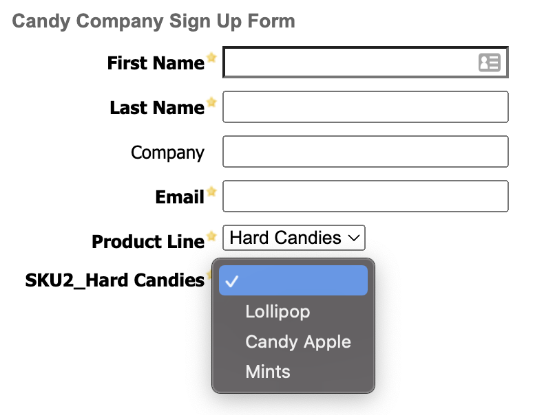 A candy company dropdown form showing a SKU2 Hard candies drop down with a selection of candies and a check mark. 
