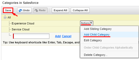 Actions button on the parent category
