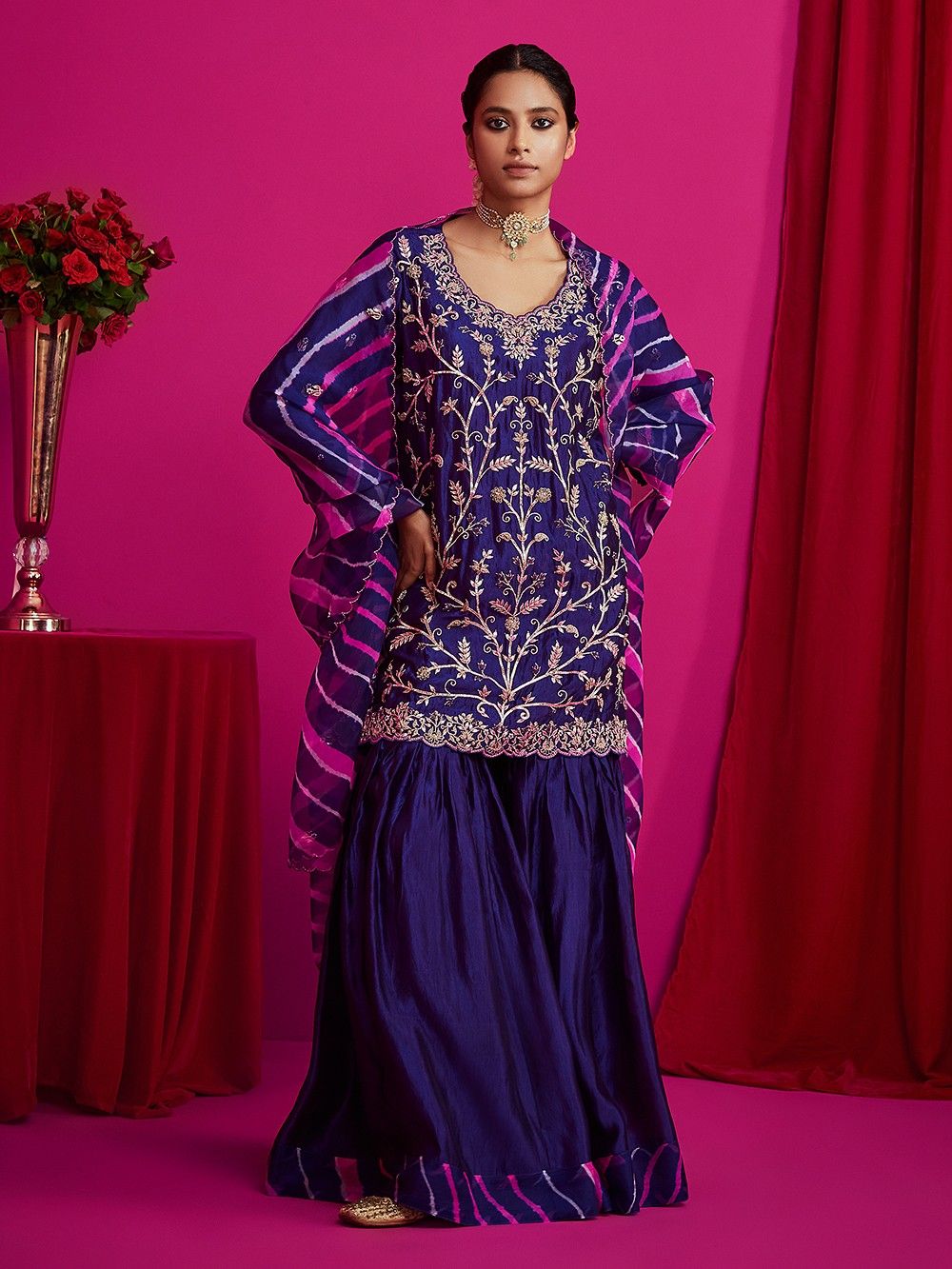 the loom - Purple Hand Embroidered Silk Sharara Suit
