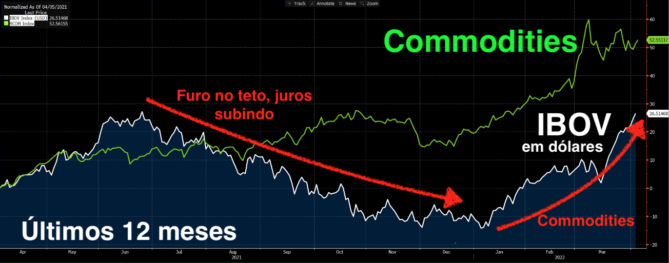 Gráfico apresenta Ibovespa (em dólares) e Índice de Commodities da Bloomberg nos últimos 12 meses.
