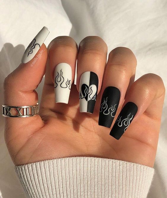 Gorgeous nails with half white and half black