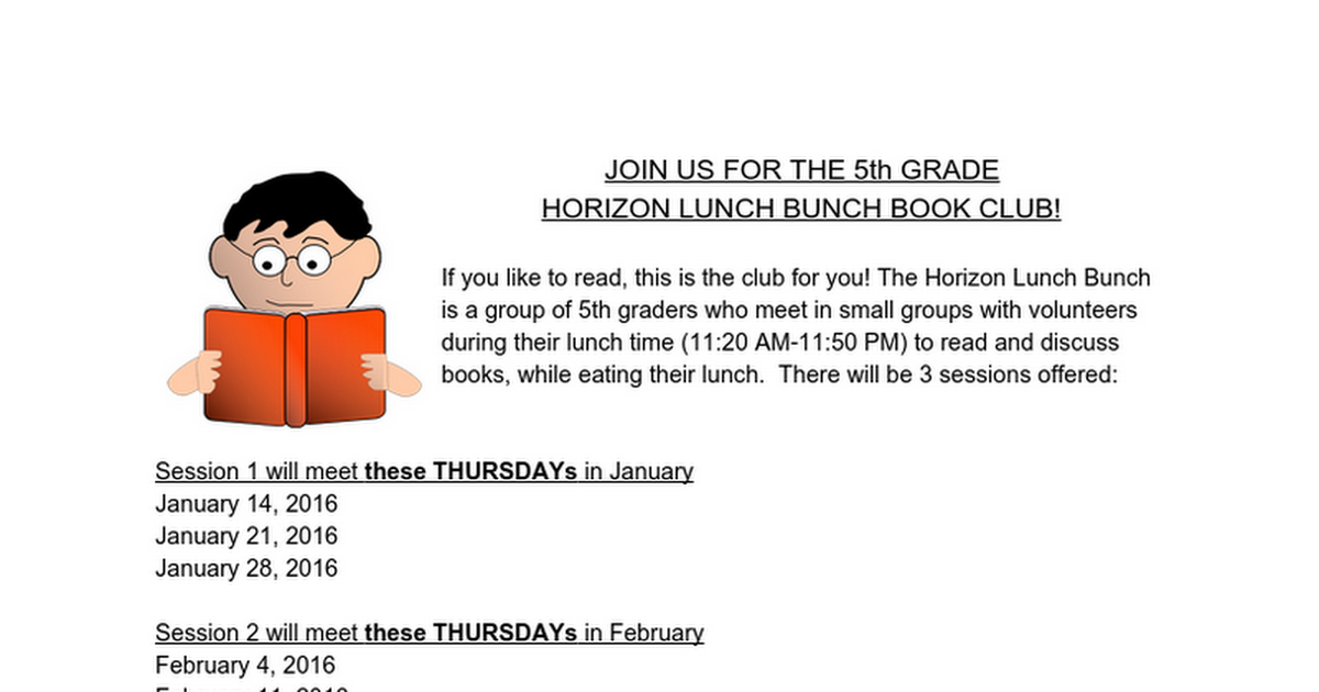 Horizon 5th Grade Book Club Flyer 2016
