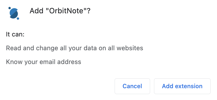 Confirmation screen that asks if you want to add the OrbitNote Chrome extension