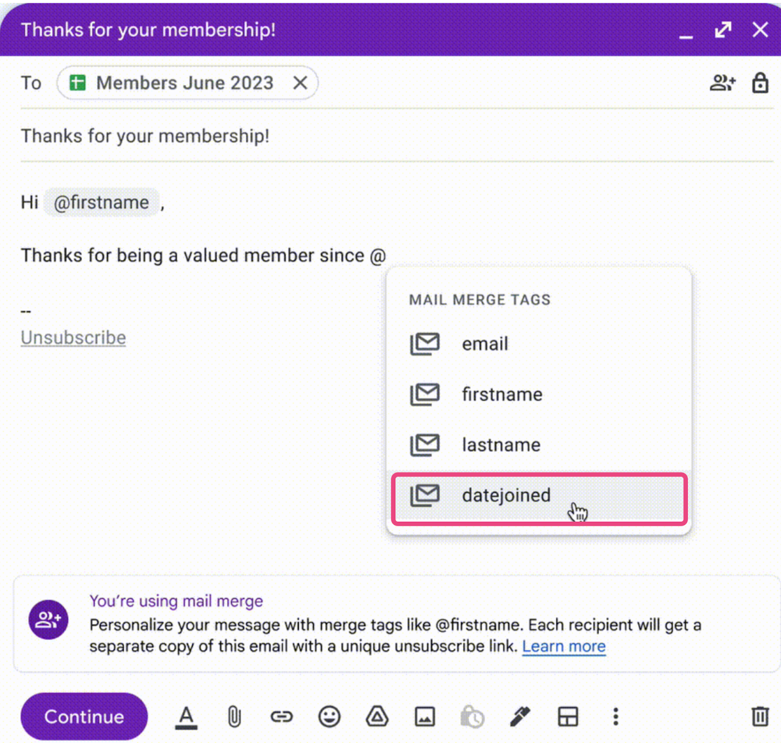 Inserting a mail merge field called datejoined
