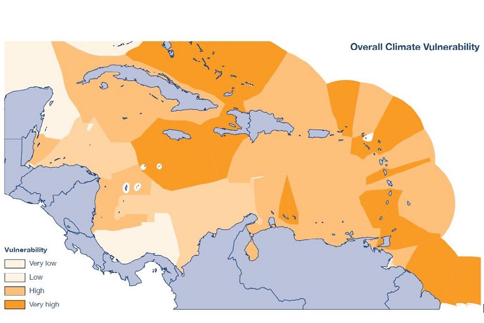 Map showing Overall Climate Vulnerability of the fisheries sectors in 33 Caribbean countries or territories. It ranks them from very low to very high.