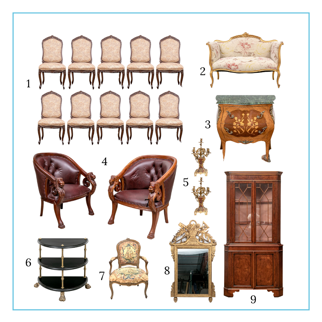 Ashley's curation includes a set of French carved dining chairs. French style settee, marble top bombay chest,  pair of vintage tub chairs with lion motifs, pair of candelabra, contemporary end table, 18th century upholstered fauteuil, large French style mirror and Lillian August cabinet