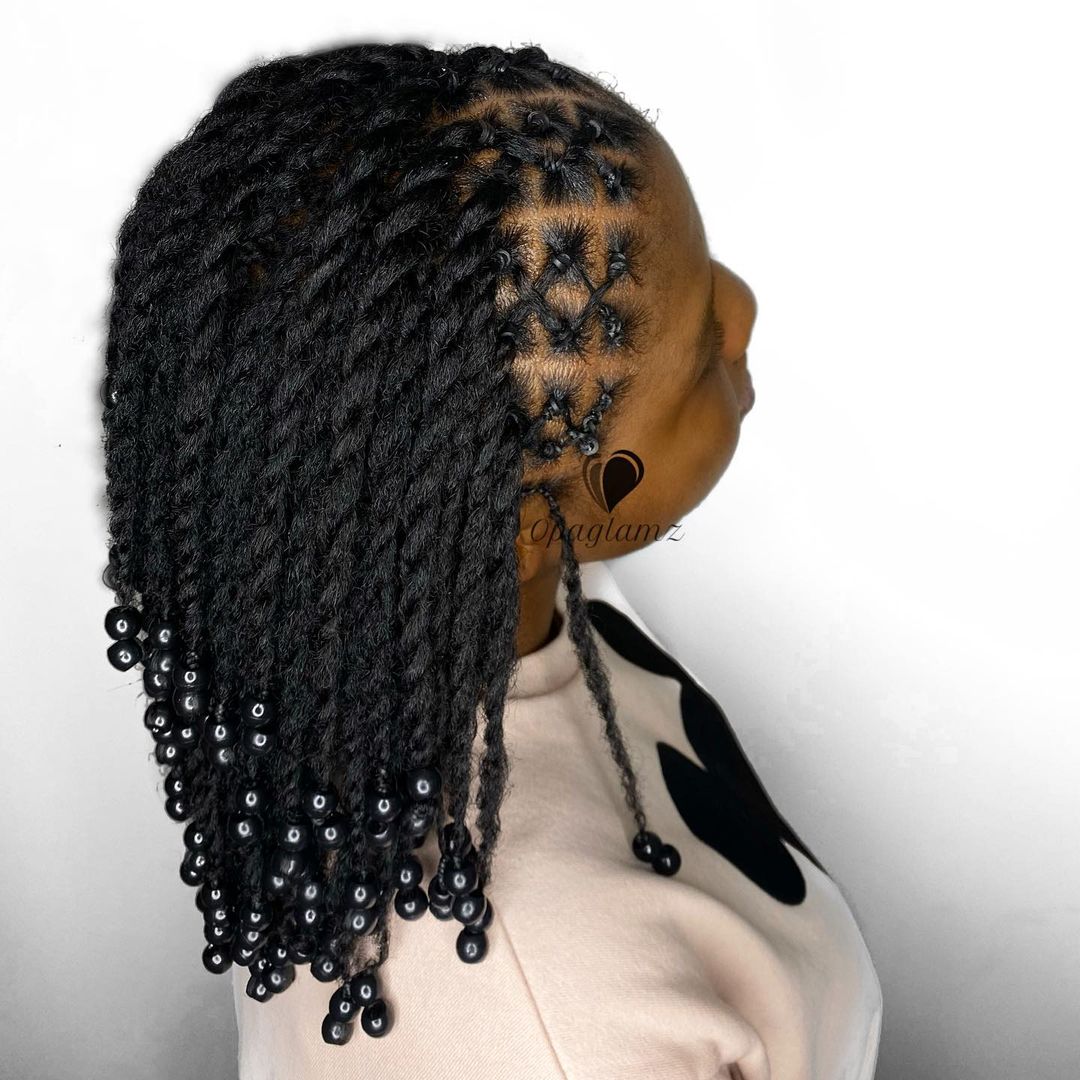 32. Frontal Crisscross Pattern on Medium Individual Twists With Black Beads at The Ends
