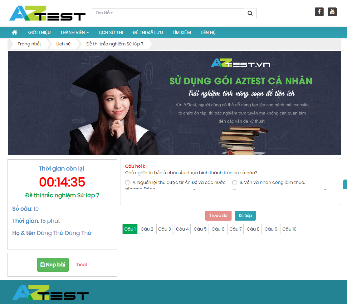 Bộ đề thi mẫu: Đề thi trắc nghiệm Sử lớp 7 được tạo lập trên AZTest