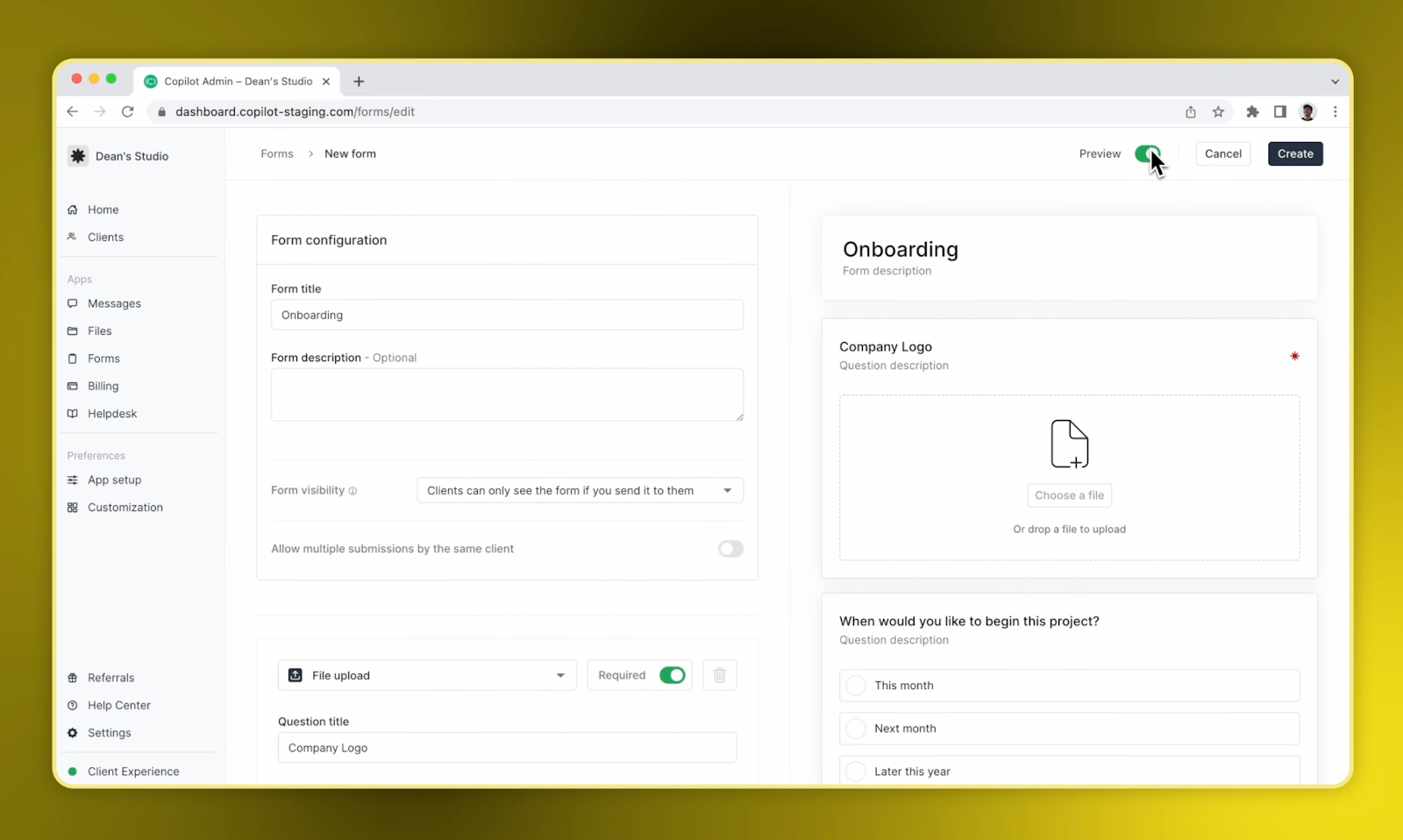 Onboarding client intake form preview in Copilot