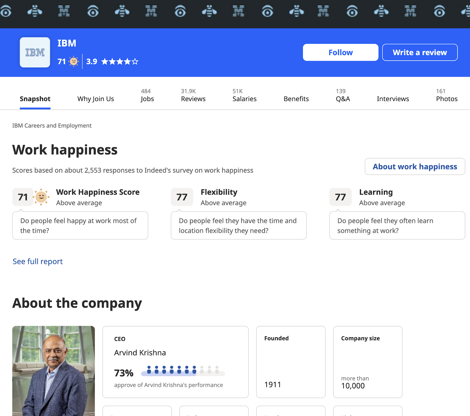 Companies can claim and stylize their own company page on Indeed to provide job seekers a place to learn and engage with their business before applying to an open role.