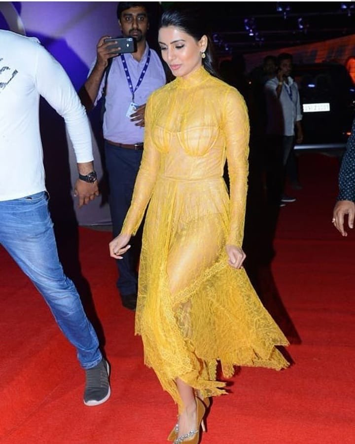 Samantha Akkineni in see-through sexy yellow lace dress at Zine Cine Awards  Telugu 2020 - Navel Queens