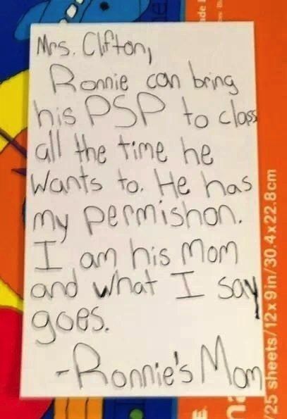 Ronnie’s mom’s note: | 9 Notes That Were Definitely 100% Written By These Children's Parents: 