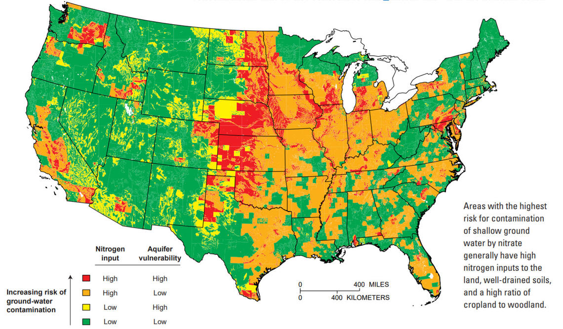 Map of the U.S. showing areas of high risk for nitrogen contamination of groundwater.
