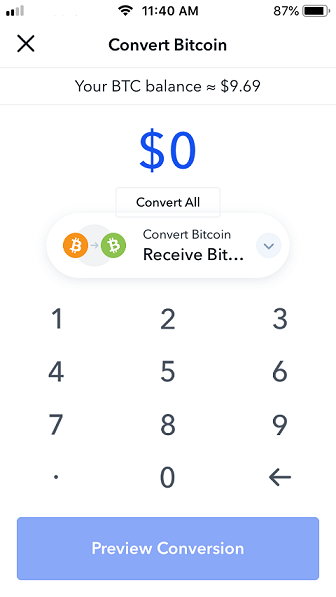 Convert Bitcoin Coinbase page.