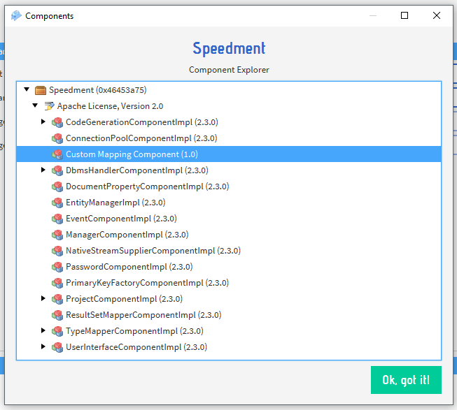 screenshot of the components dialog in the Speedment user interface
