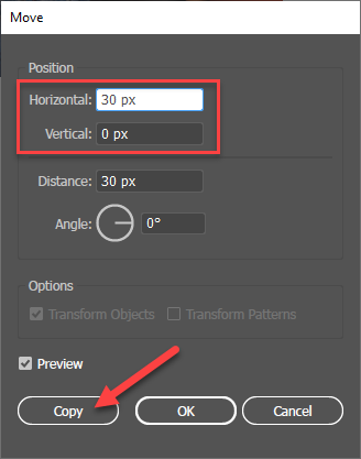 Enter 30 px for Horizontal, 0 px for Vertical, and click Copy