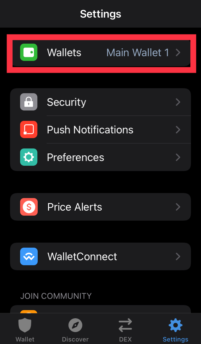 “Wallets” button in Trust Wallet application