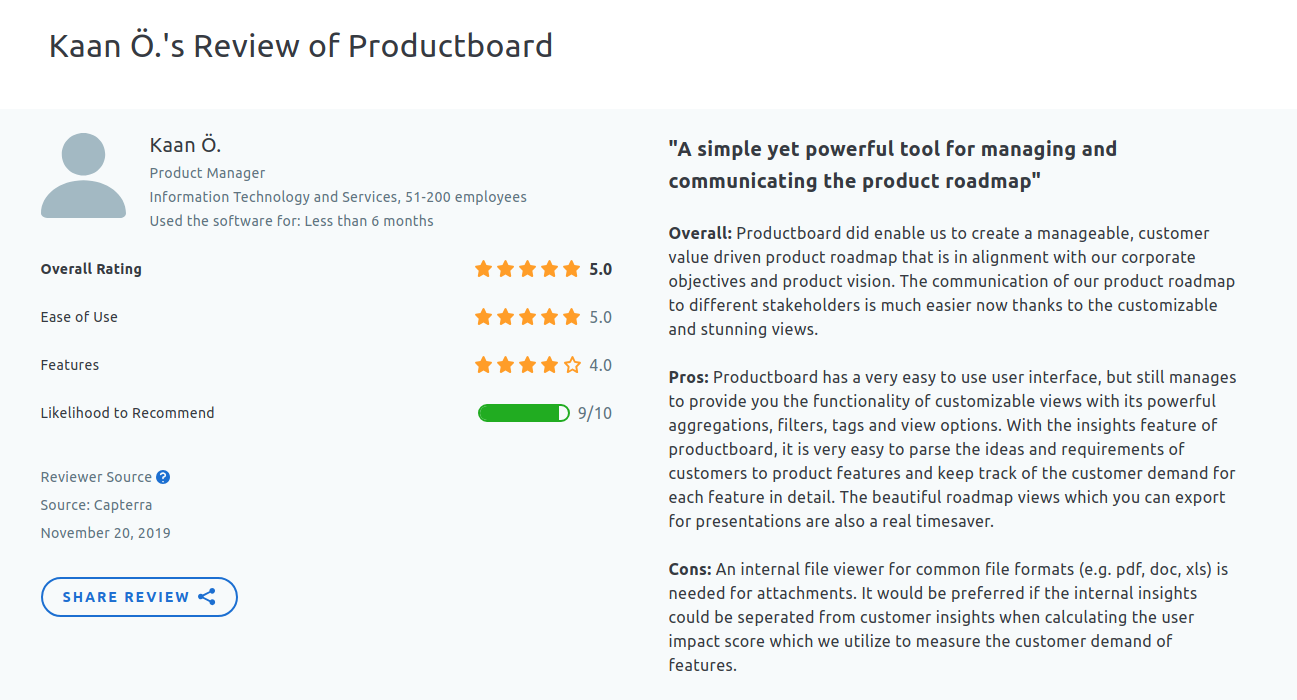 Productboard user review on Capeterra