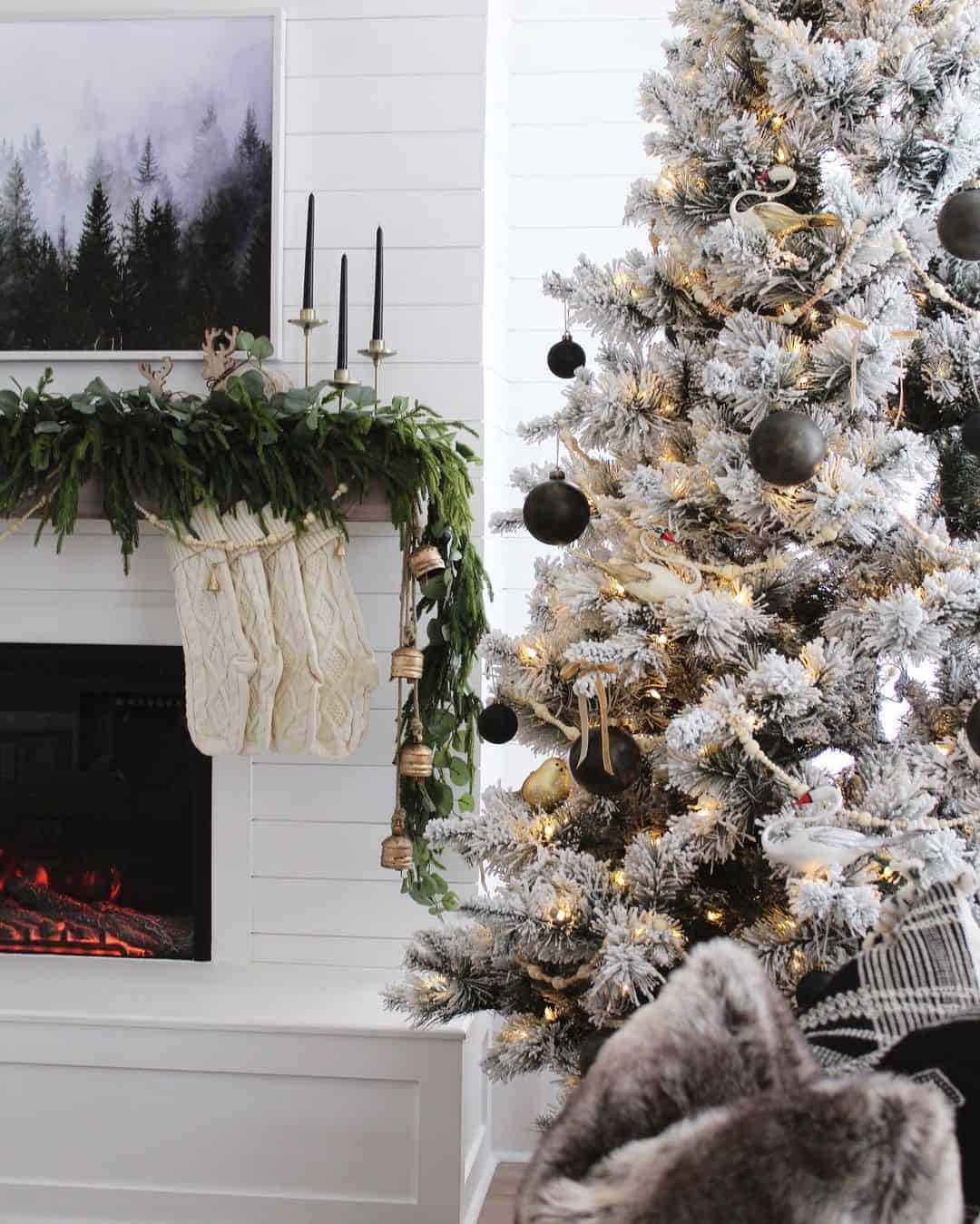 Shiplap fireplace gold black Christmas tree
