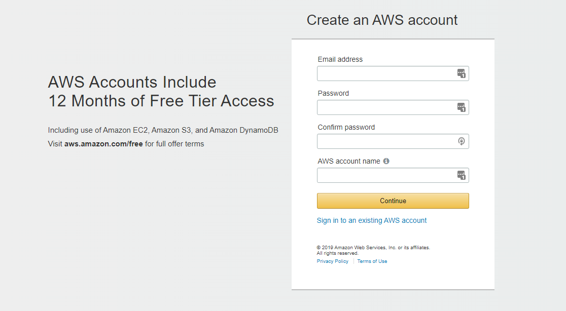 Create AWS Account: Login Page