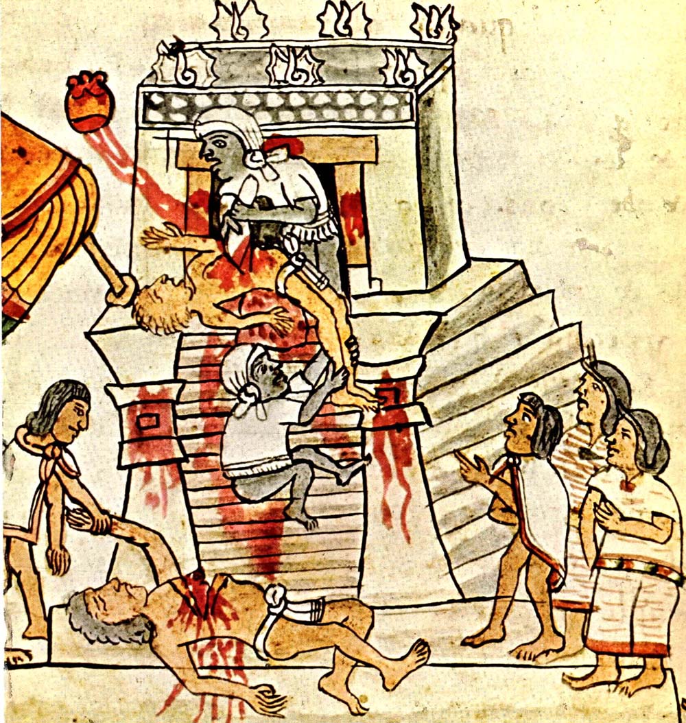 An Aztec heart-extraction sacrifice being performed atop a pyramid with a crowd below. Details in text.