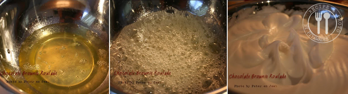 Whip the egg whites until frothy. Sprinkle in cream of tartar and beat until it is white in colour.Add in the rest of sugar 2-3 times (a little at a time). Gradually beat in the rest of sugar until stiff.