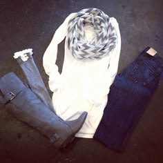 gray boots, chevron scarf, long white sweater, denim