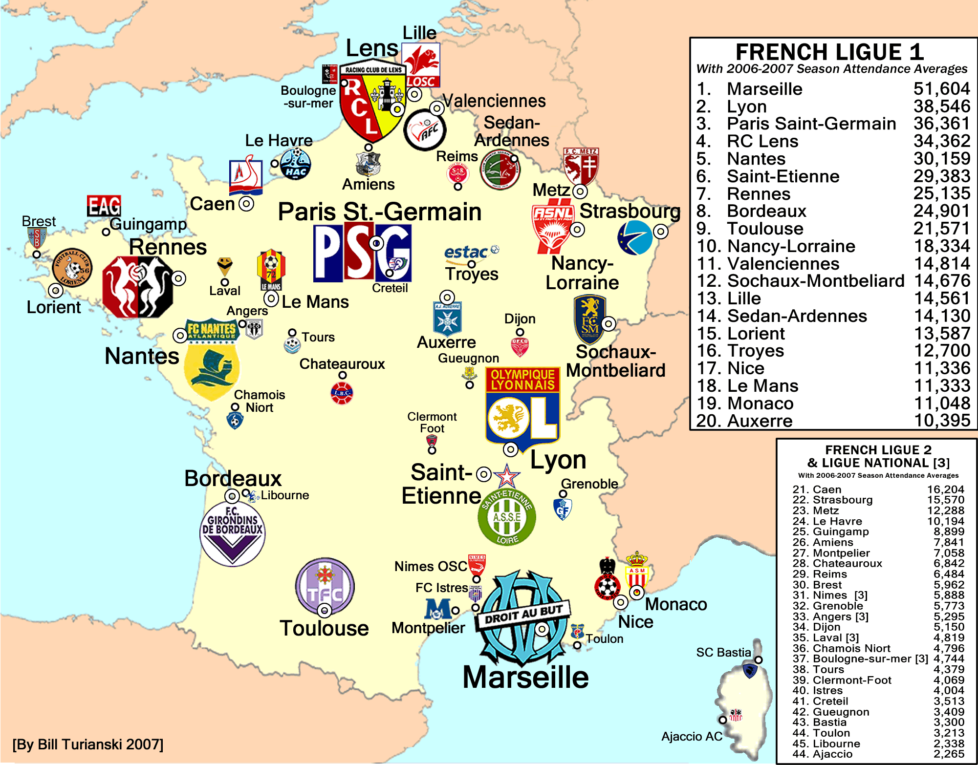 Ligue 1 Clubs Map / France. Ligue 1, 200708 Season Zoom Map / This page shows the detailed