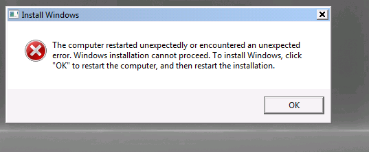 To install Windows click ok to restart the Computer. The installer has encountered an unexpected Error 2265. Installer Error events.