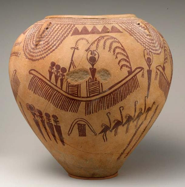 Decorated jar                  depicting ungulates and boats with human figures. The                  images on this vessel represent important social or                  religious events. In the areas surrounding the boat are                  mountains, birds that may represent flamingos, plants,                  and water. Predynastic, Late Naqada II, ca. 3500–3300                  B.C. Metropolitan Museum of Art, New York. (Public                  Domain)