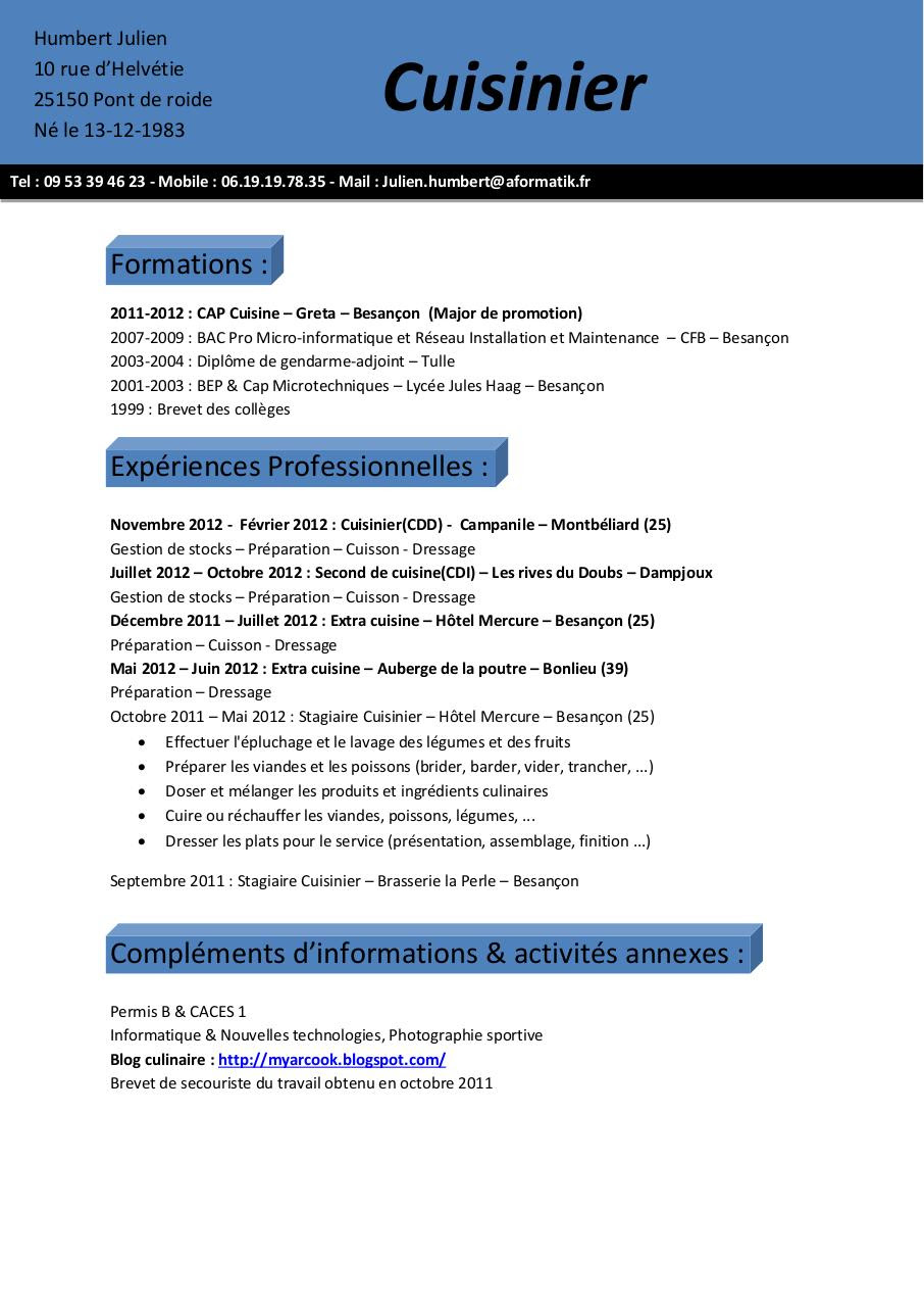 Exemple De Cv Gratuit Cuisinier  Sample Resume