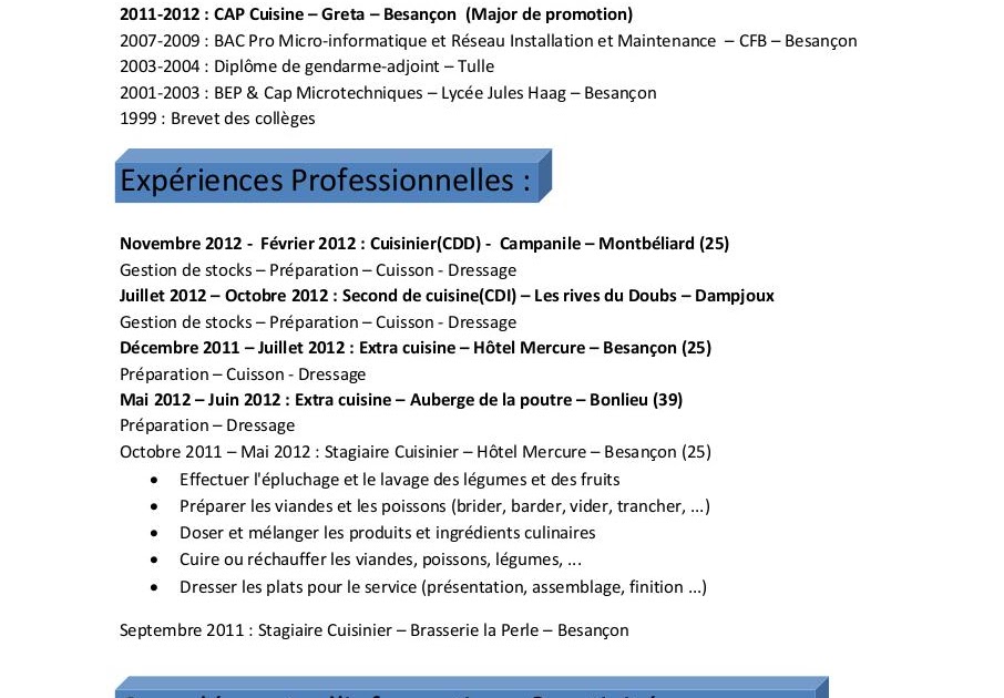 Exemple De Cv Gratuit Cuisinier  Sample Resume