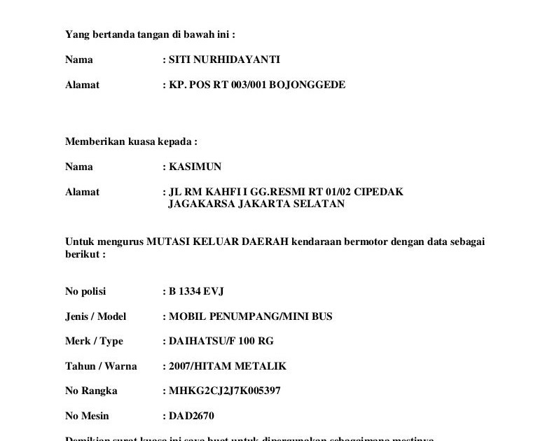 Contoh Surat Kuasa Pencabutan Berkas Kendaraan Contoh Surat