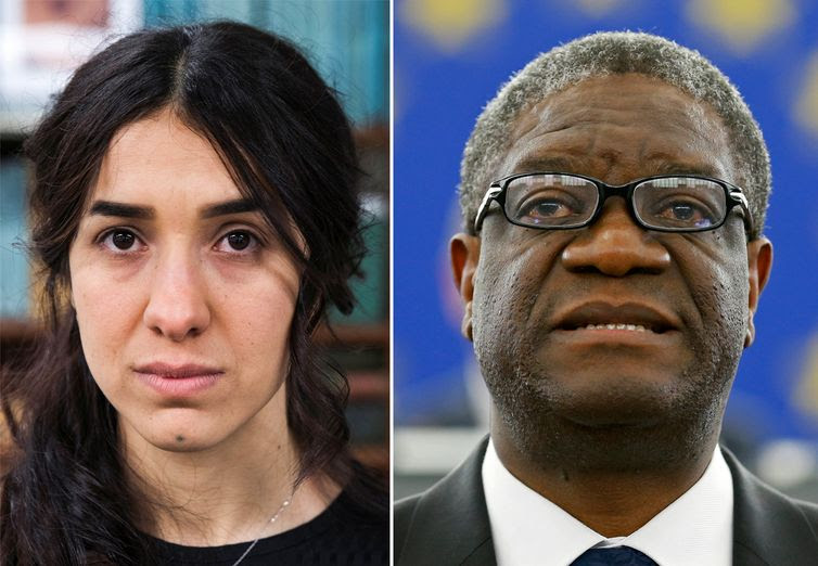 A combination picture shows the Nobel Prize for Peace 2018 winners: Yazidi survivor Nadia Murad posing for a portrait at United Nations headquarters in New York, U.S., March 9, 2017 (L) and Denis Mukwege delivering a speech during an award