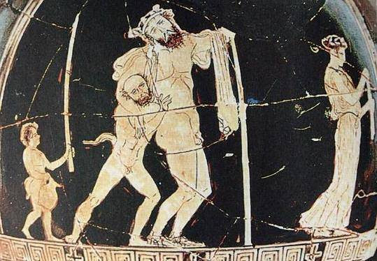 Παράσταση μεθυσμένου Διόνυσου που επιστρέφει από το ξεφάντωμα στηριζόμενος σε σάτυρο. Η συσχέτιση των Απόκρεω με τις διονυσιακές τελετές στην αρχαία Ελλάδα είναι κοινός τόπος στη λαογραφία