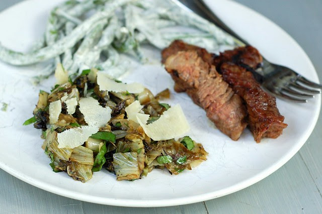 Green beans with lemon basil aioli, club steak and grilled radicchio salad with herbs & balsamic by Eve Fox, Garden of Eating blog, copyright 2012