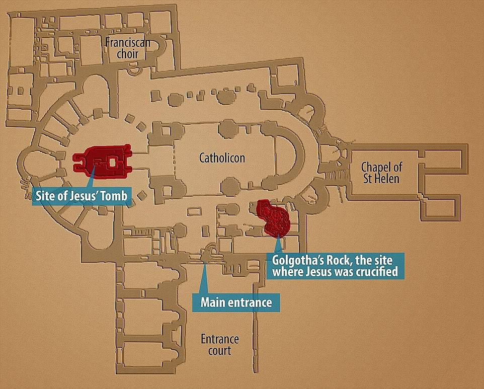 What and where: A floor plan of Jerusalem's Church of the Holy Sepulchre, with the Edicule chamber marked in red on the left