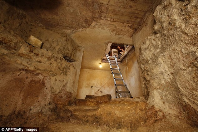 A ladder leads down from the living room above into the ancient Jewish bath. It has remained hidden until the family in the home above did some renovation work and discovered the rock miqwe
