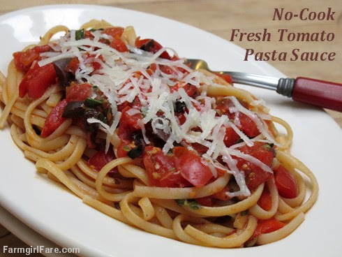 Italian no-cook fresh tomato pasta sauce with kalamata olives, capers, and basil (1) - FarmgirlFare.com