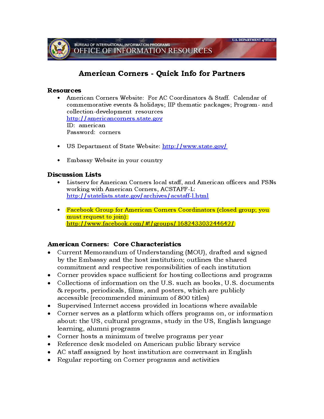United States. Department of State. American Corners - Quick Info for Partners, Sep. 01, 2011.