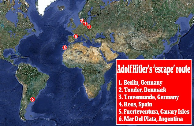 This map shows the route that Hitler and Braun are said to have used to escape from the Fuhrerbunker in Berlin when the Russians were approaching 